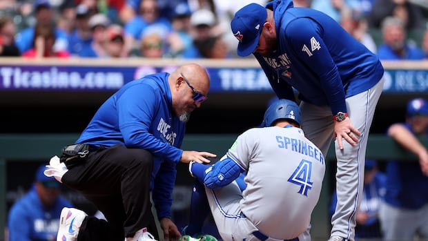 blue-jays’-springer-exits-game-after-being-hit-by-pitch-on-previously-injured-foot,-but-x-rays-are-negative